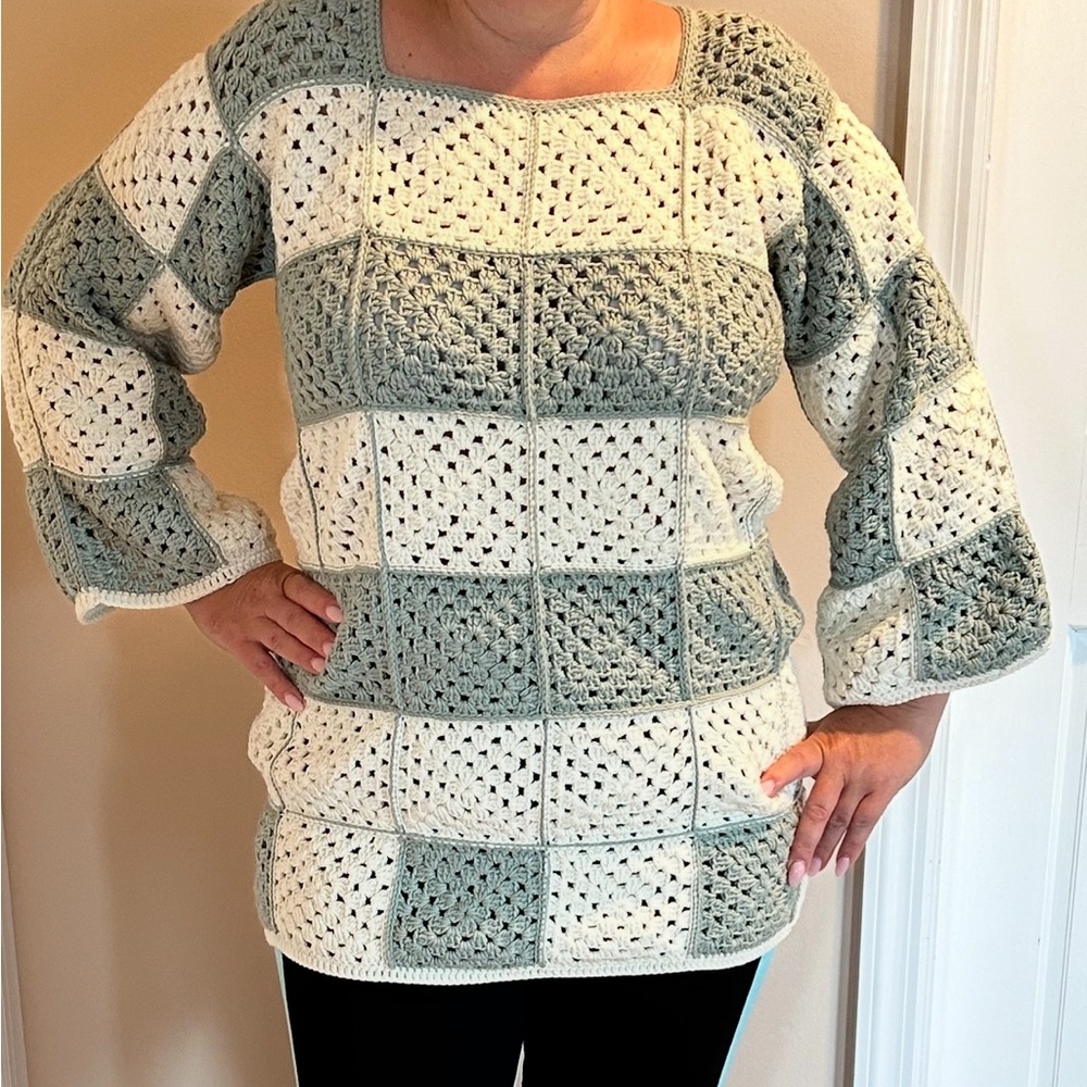 Crochet Patchwork Sweater in Blue and White. Handmade by me. Size medium/large